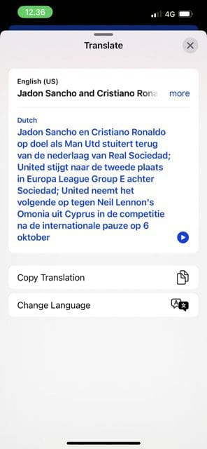 Screenshot van een vertaalde pagina in iOS 16
