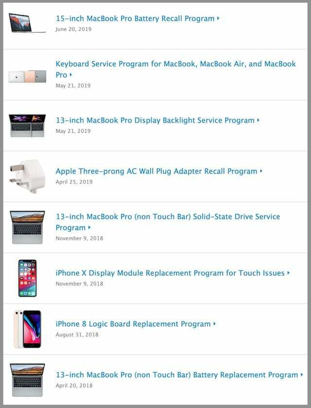 Esempio di programmi di riparazione e sostituzione sul sito Web di Apple