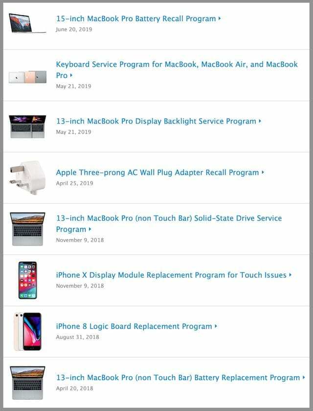 Amostra de programas de reparo e troca no site da Apple