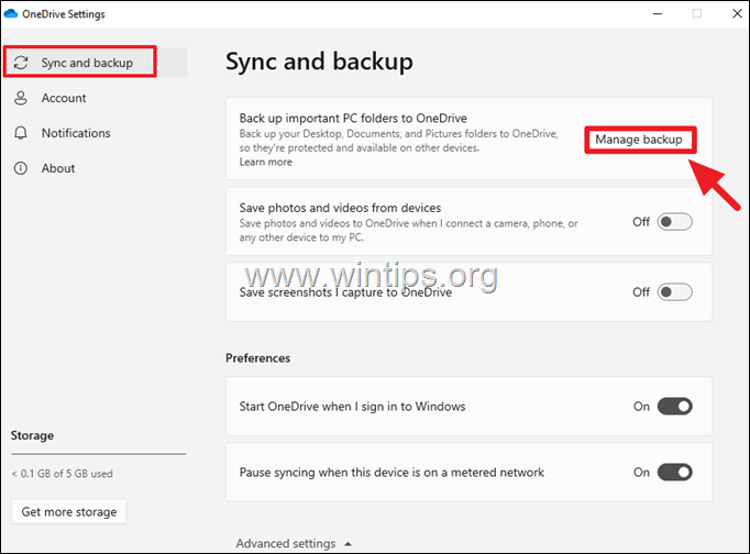 Välj Mappar att synkronisera till OneDrive