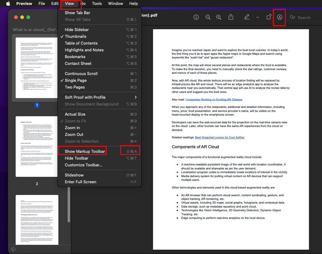 Rôzne spôsoby aktivácie panela nástrojov na označovanie v editore PDF pre Mac Preview