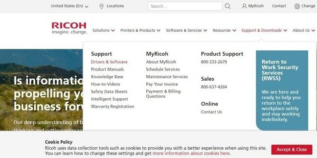 Drivers e software do menu Suporte e downloads do site da Ricoh