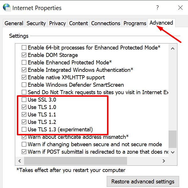 les options Internet activent TLS