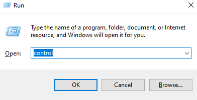 रन विंडो में नियंत्रण टाइप करें