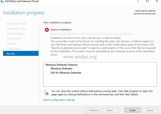 Windows Defender -ominaisuuden asennus epäonnistui Lähdetiedostoja ei löydy Server 2016:sta
