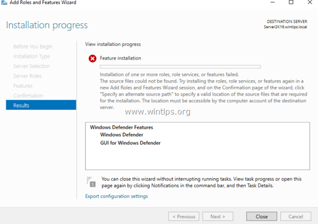 Instalarea caracteristică Windows Defender a eșuat Fișierele sursă nu au putut fi găsite în Server 2016