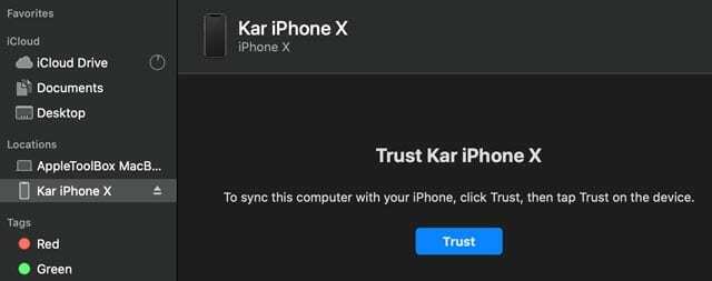 Aplicația macOS Finder Aveți încredere în mesajul iPhone