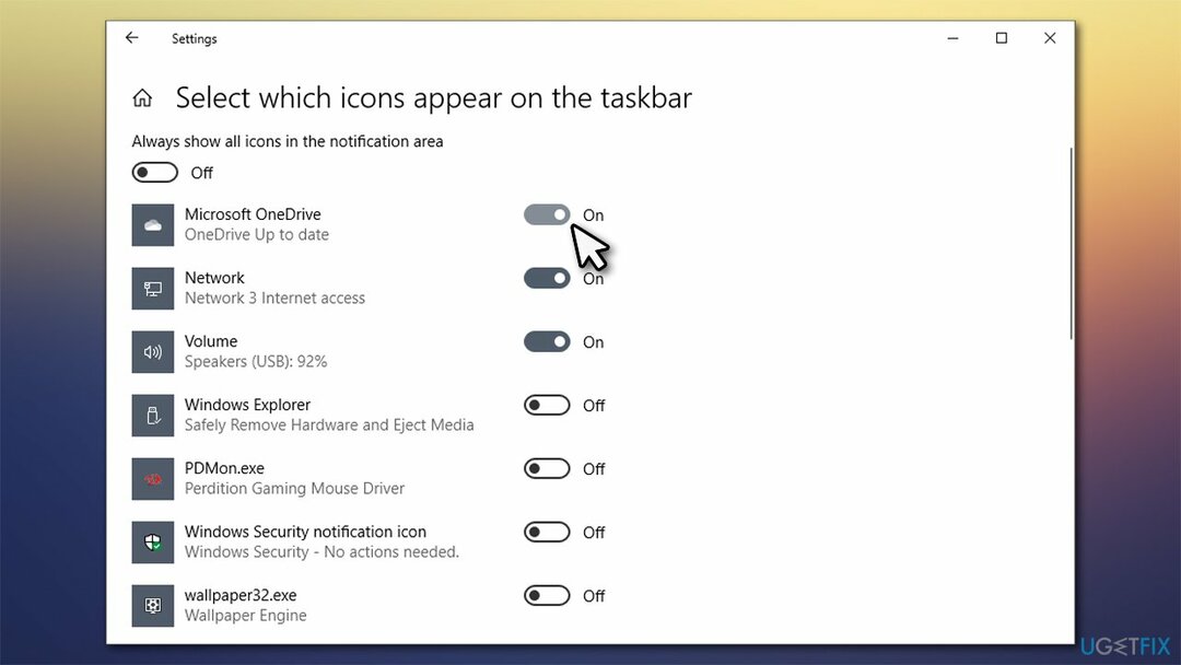 Habilite el icono de OneDrive a través de la configuración