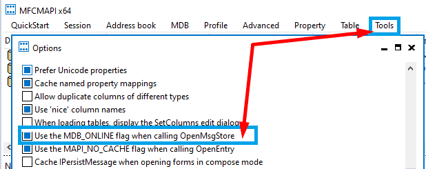 Verwenden Sie MDB_ONLINE beim Aufrufen von OpenMsgStore MFCMAPI