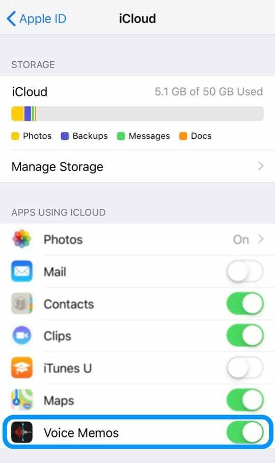 บันทึกเสียง การตั้งค่า iCloud