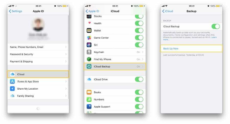 Schermafbeeldingen die de drie bovenstaande stappen tonen: De iCloud-instellingen openen, iCloud-back-up selecteren en op Nu back-up maken tikken