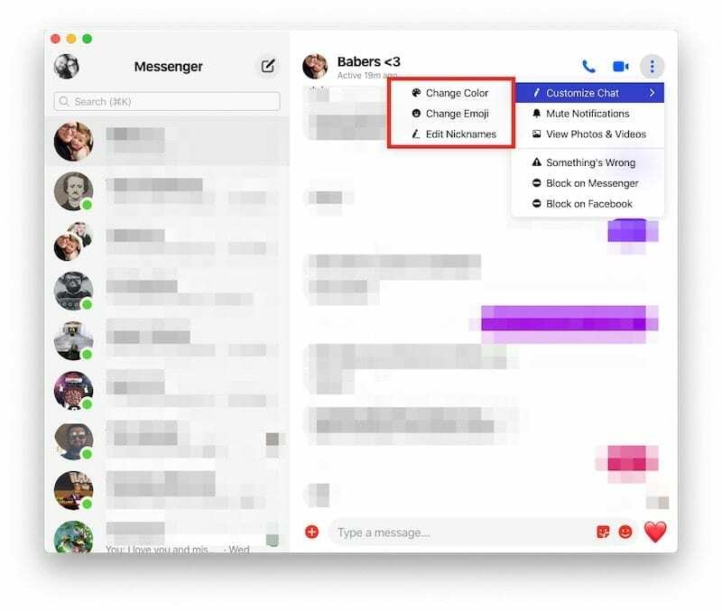 Anpassungsoptionen Facebook Messenger auf dem MacBook