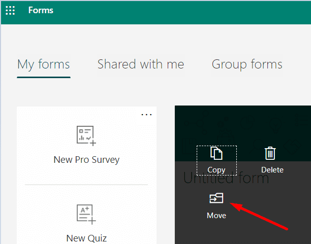 déplacer l'option Microsoft Forms