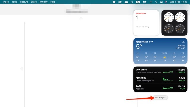 Cuplikan layar menunjukkan cara mengedit widget di macOS