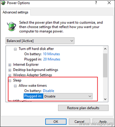 पावर विकल्पों में वेक टाइमर अक्षम करें