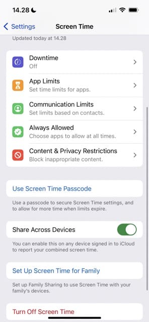 وقت التوقف في Screen Time iOS Screenshot