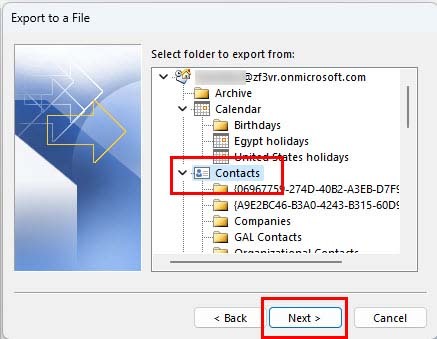 Choisissez Contacts dans Sélectionner le dossier à partir duquel exporter dans l'outil Outlook Import Export Wizard