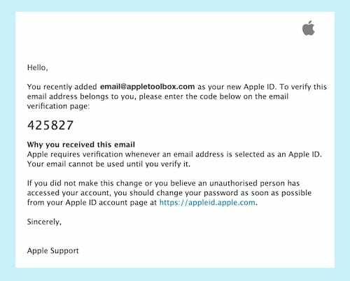 Στιγμιότυπο οθόνης ενός email κωδικού επαλήθευσης Apple ID