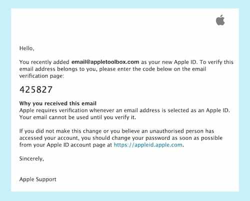 Snimka zaslona e-pošte s kodom za provjeru Apple ID-a