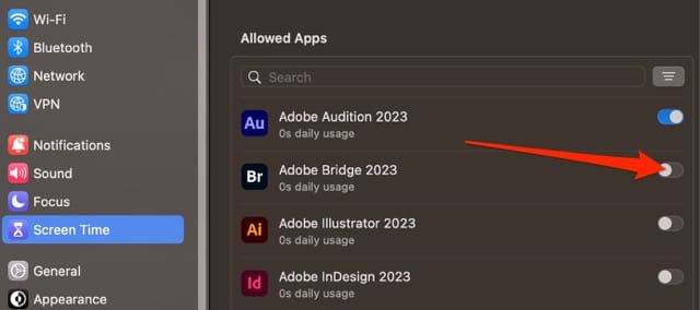 Activar y desactivar aplicaciones Captura de pantalla de Mac