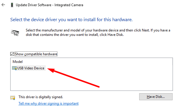 aggiorna il driver della fotocamera integrato windows 10