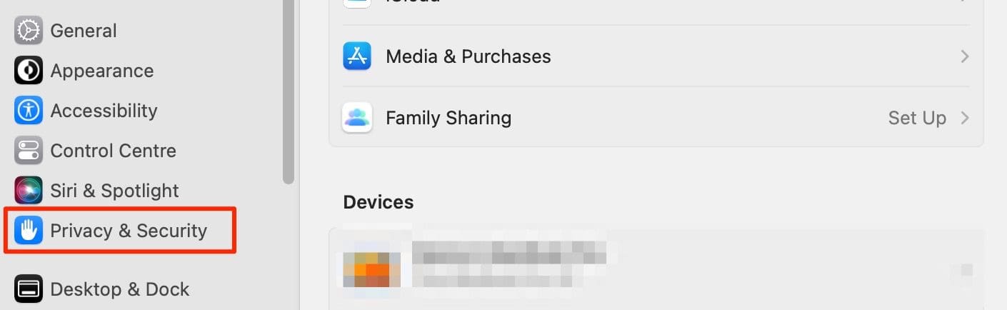 Cuplikan layar menampilkan pengaturan Privasi + Keamanan di macOS