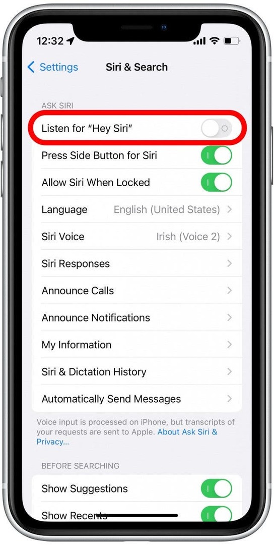 Ha nem szeretné, hogy Siri folyamatosan a Hey Siri kifejezést hallgassa, hagyja kikapcsolva ezt a kapcsolót.