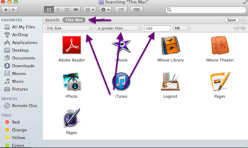 localizați fișiere mari Căutare Mac
