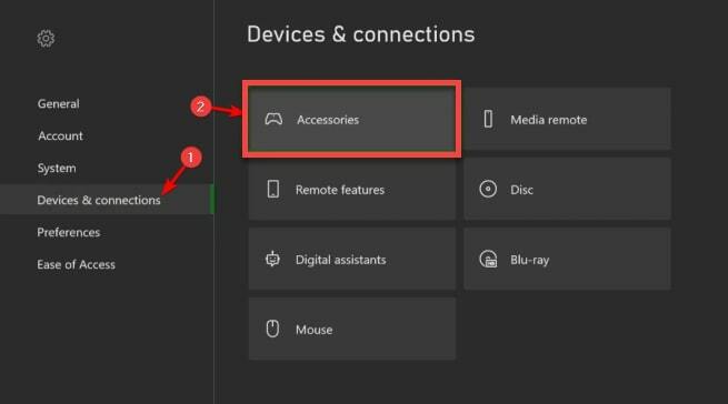 Velg Tilbehør under Enheter og tilkoblinger-menyen i Xbox One-kontrollerinnstilling