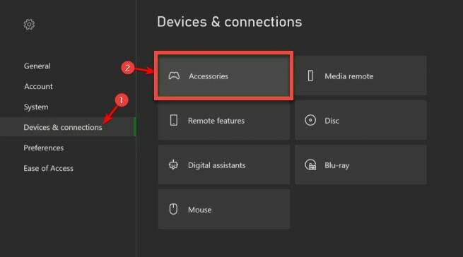 Välj Tillbehör under Devices & Connections Menu i Xbox One Controller Setting