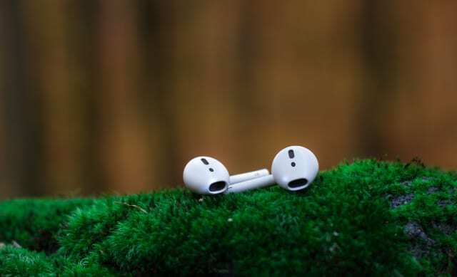 AirPods คู่หนึ่งบนพื้นผิวที่มีตะไคร่น้ำกลางแจ้ง