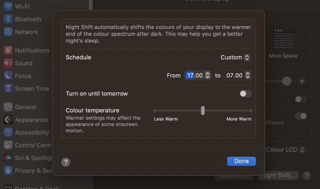 Prilagodite čas nočne izmene na posnetku zaslona Mac
