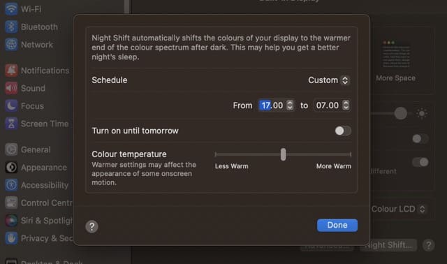 Tilpass nattskifttider på Mac Skjermbilde