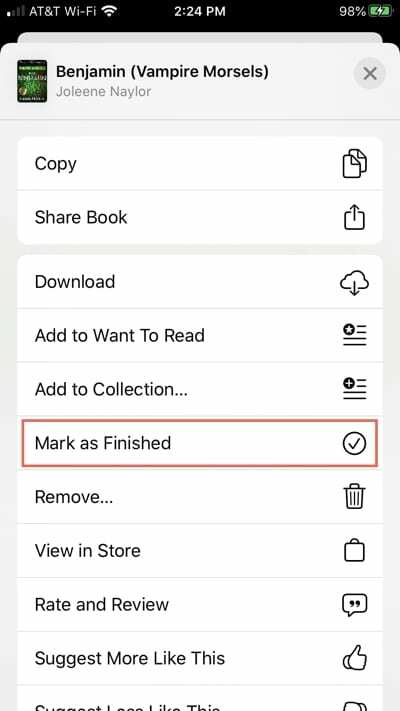 Apple Books ऐप iPhone में समाप्त के रूप में चिह्नित करें