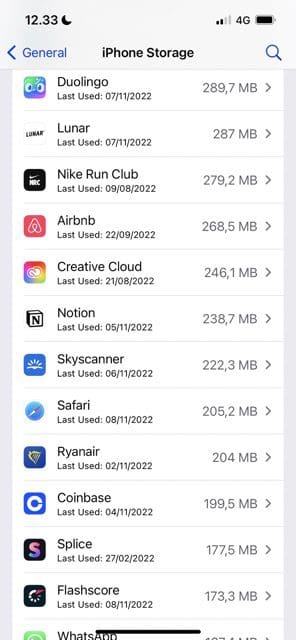 Screenshot mit Apps und deren Dateigröße