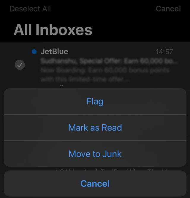 סמן אפשרויות באפליקציית Mail iPhone