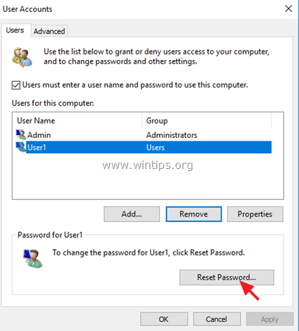 reimposta password windows 10