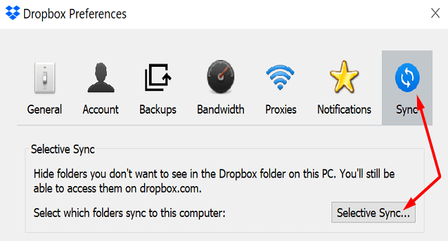 Dropbox de sincronización selectiva