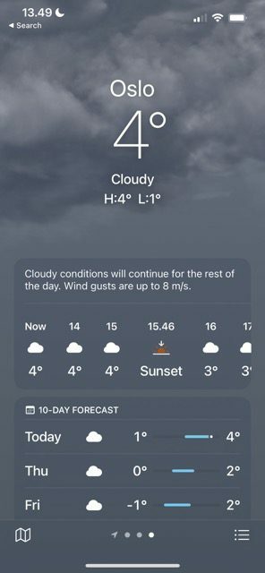 Snímek obrazovky s přehledem počasí v Počasí