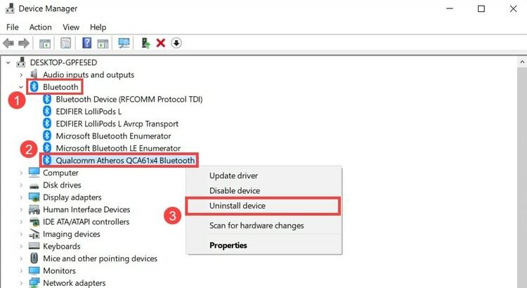 hapus instalan driver perangkat bluetooth