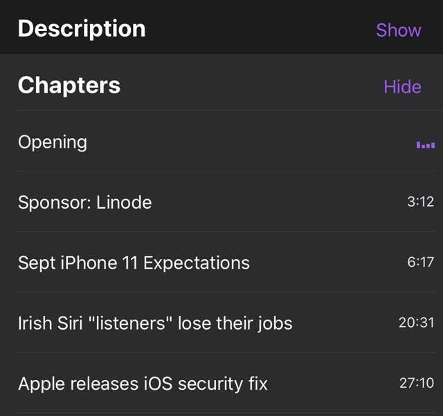 chapitres de l'application de podcast pour iOS 12+