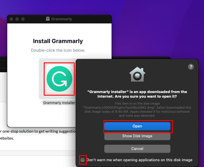 Dubbelklik in het Grammarly-pop-upvenster om de app toe te voegen