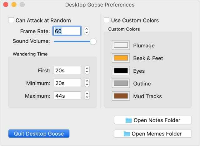 Configurações do Desktop Goose com o botão Sair do Desktop Goose