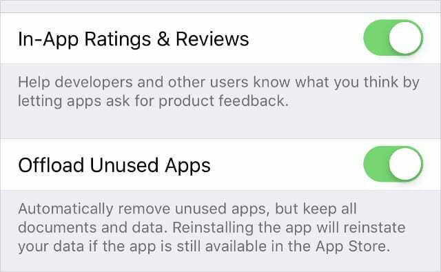 כפתור הורדת אפליקציות שאינן בשימוש בהגדרות iTunes ו-App Store