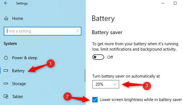 Sélectionnez le pourcentage de batterie et modifiez l'économiseur de batterie