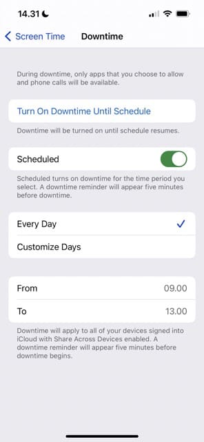 Captura de pantalla de iOS para activar el tiempo de pantalla