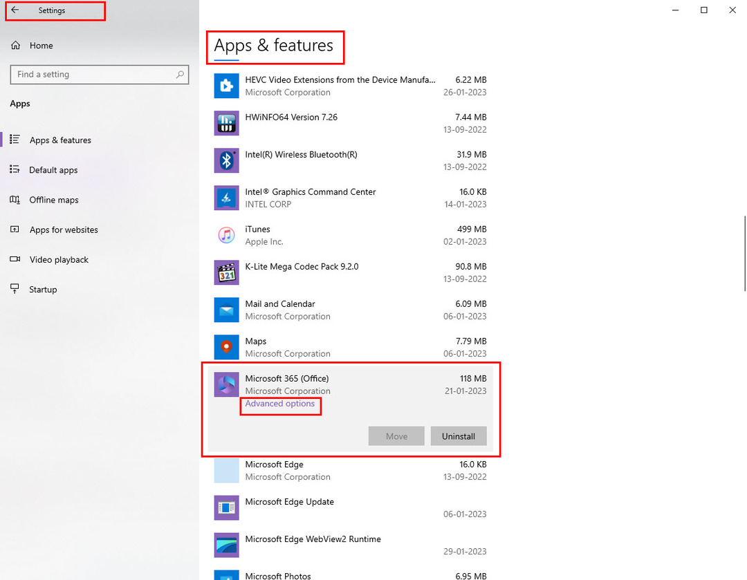 Find Microsoft Office-appen på Apps i Windows-indstillinger
