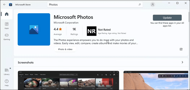 Oppdater Photo App fra Microsoft Store