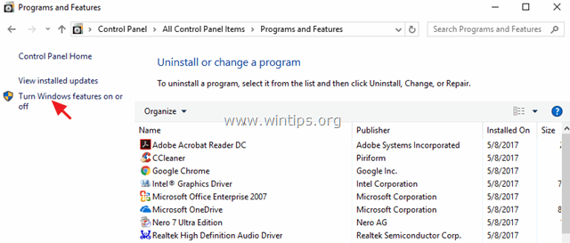 Activar o desactivar las características de windows