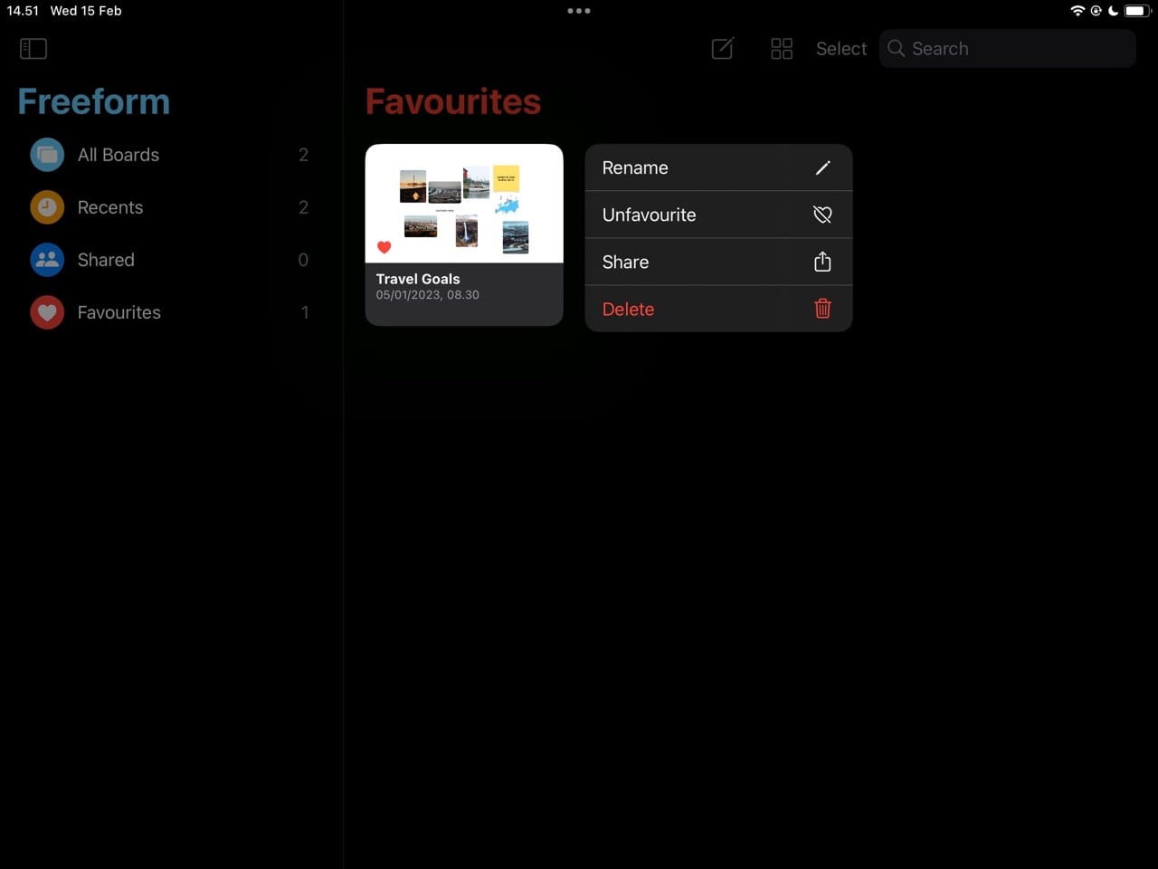 Знімок екрана, на якому показано, як перейменувати полотно у Freeform для iPad